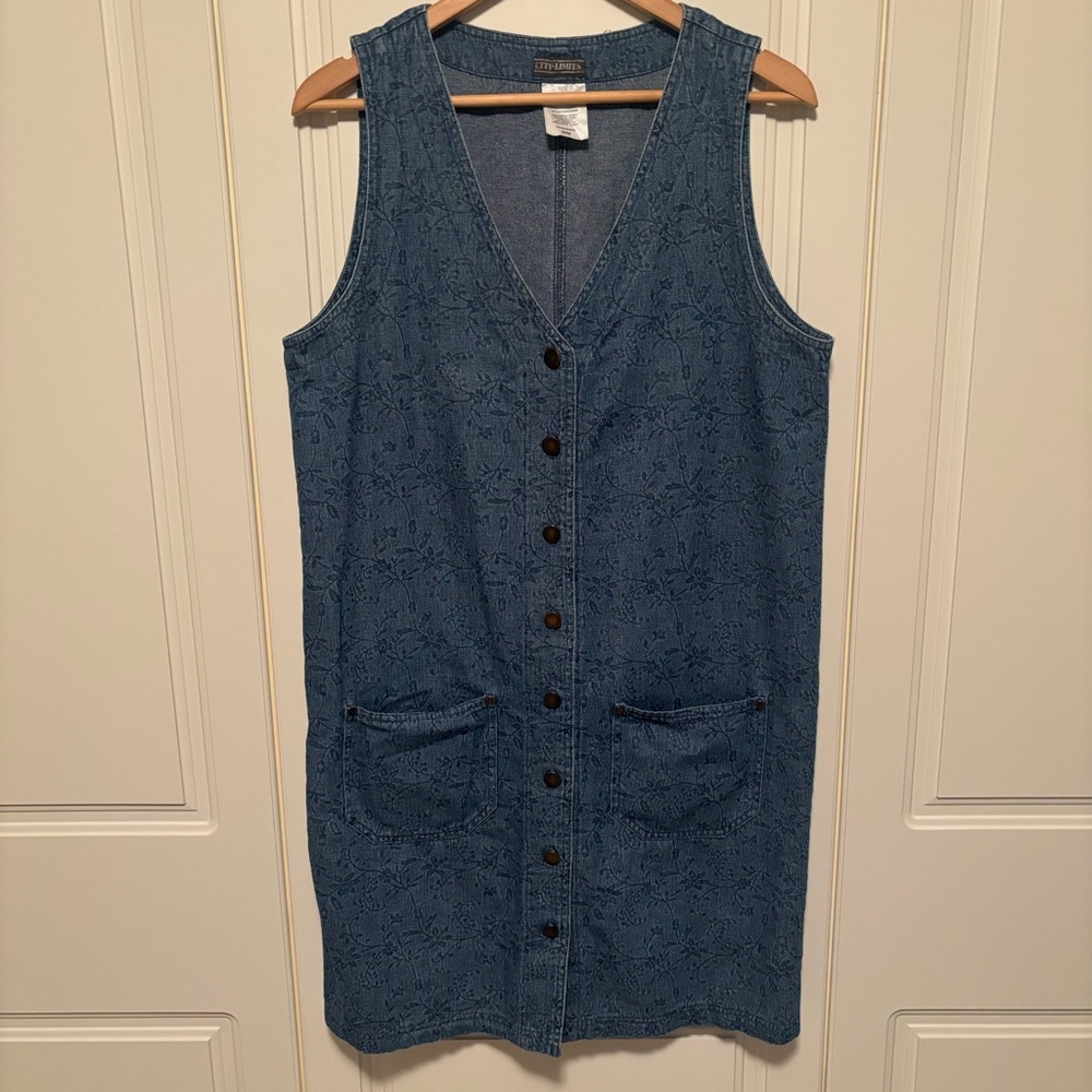 Vintage 90s blue denim w/floral imprint button-front pocketed jumper dress sz M